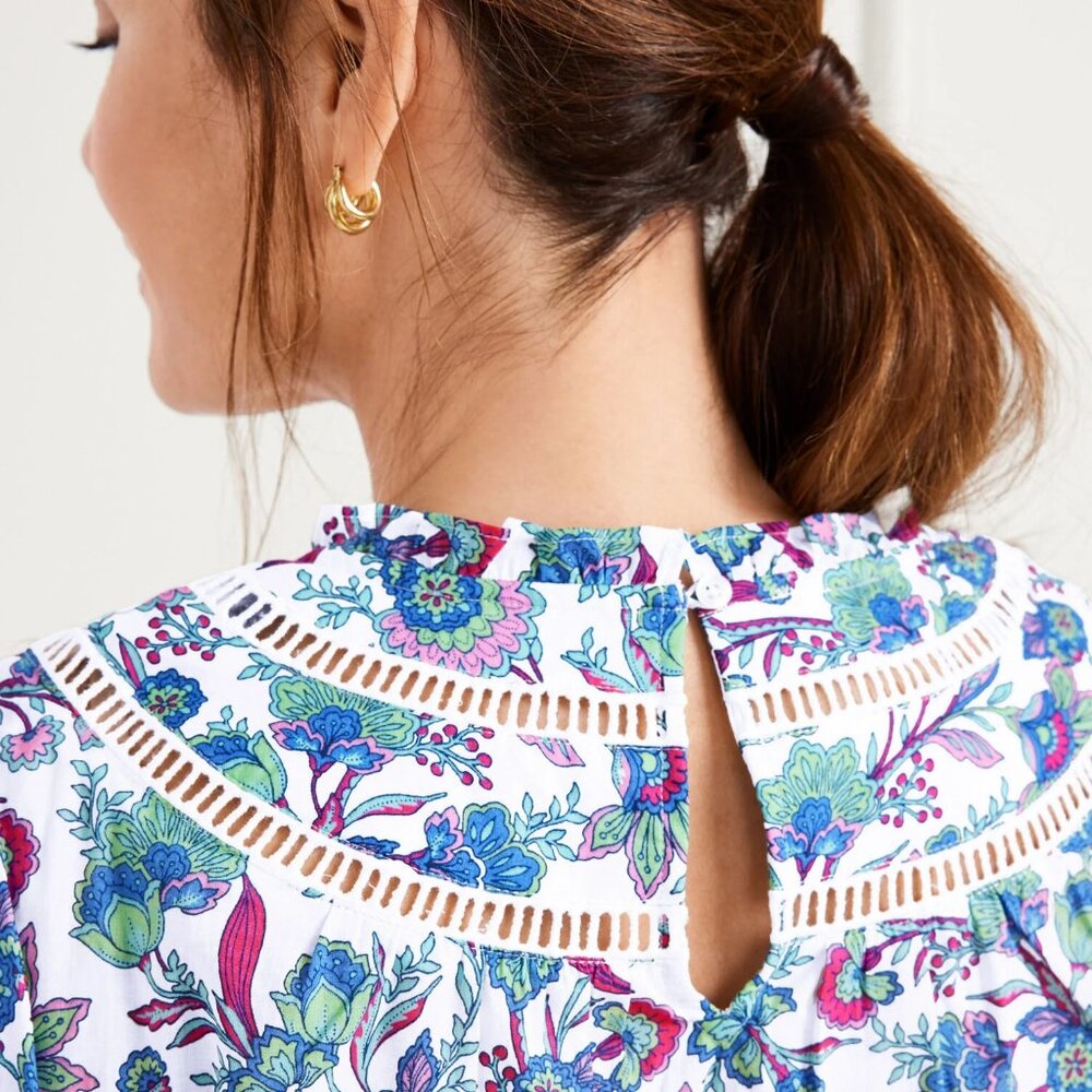 Talbots Flourish floral ruffle trim blouse lace insert top shirt